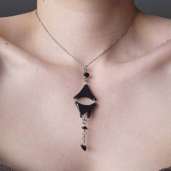 Unique gothic abstact Modernist black clay silver rosary necklace - Picture 3 of 9